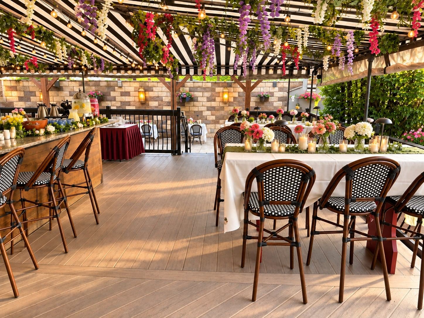 The Garden Bar with a beverage station and a flower-lined table under the striped awning at Crown Tavern in Glen Mills, PA