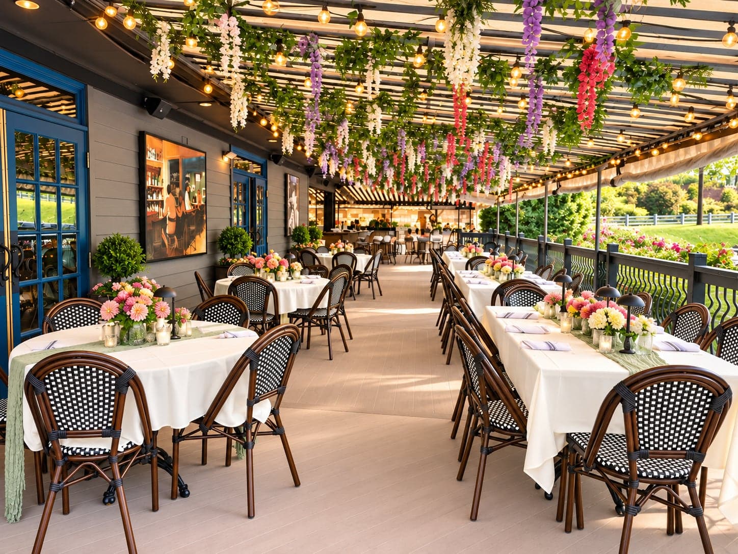The covered deck set for a private event with long tables, fresh flowers and string lights at Crown Tavern in Glen Mills, PA